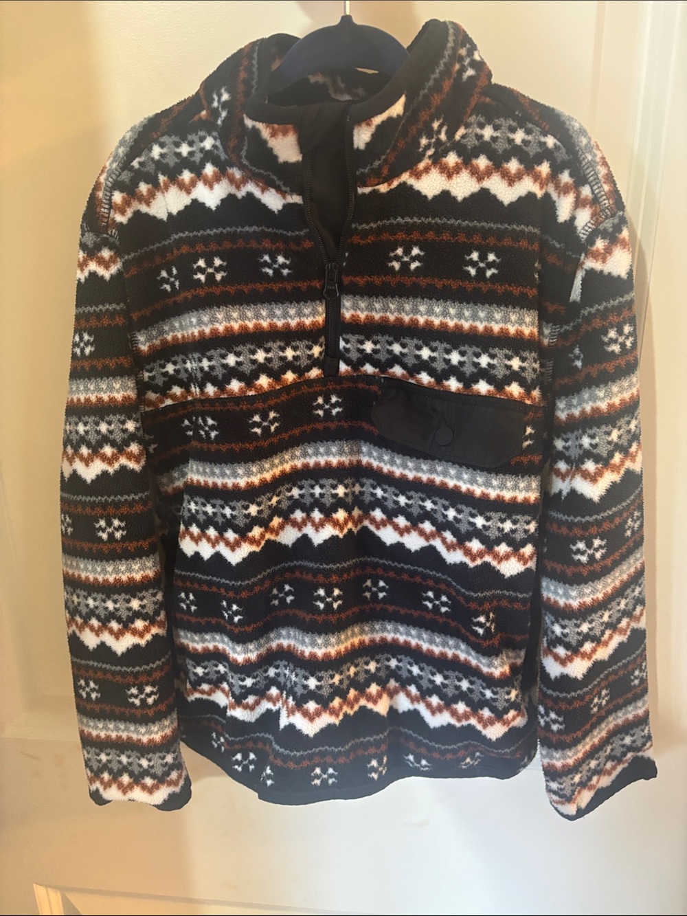 Men's Patterned Half-Zip Fleece Sweater - Black, White & Brown